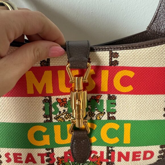 NWT Gucci Jackie 1961 Hobo Handbag Music Printed Beige Canvas Leather Strap - Picture 11 of 13